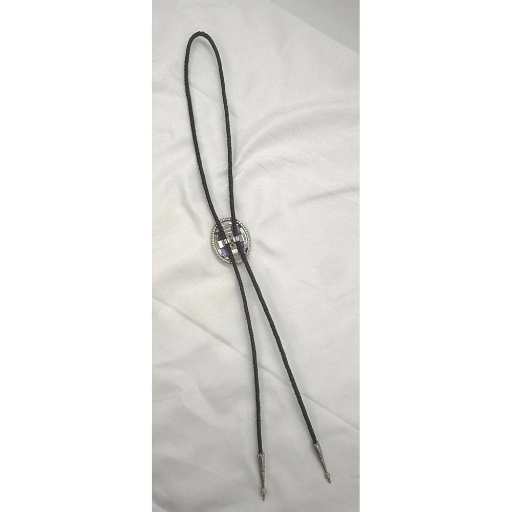 Vintage Western Bolo Tie Cowboy Marbled Oval Silver Tone Braided Black Cord